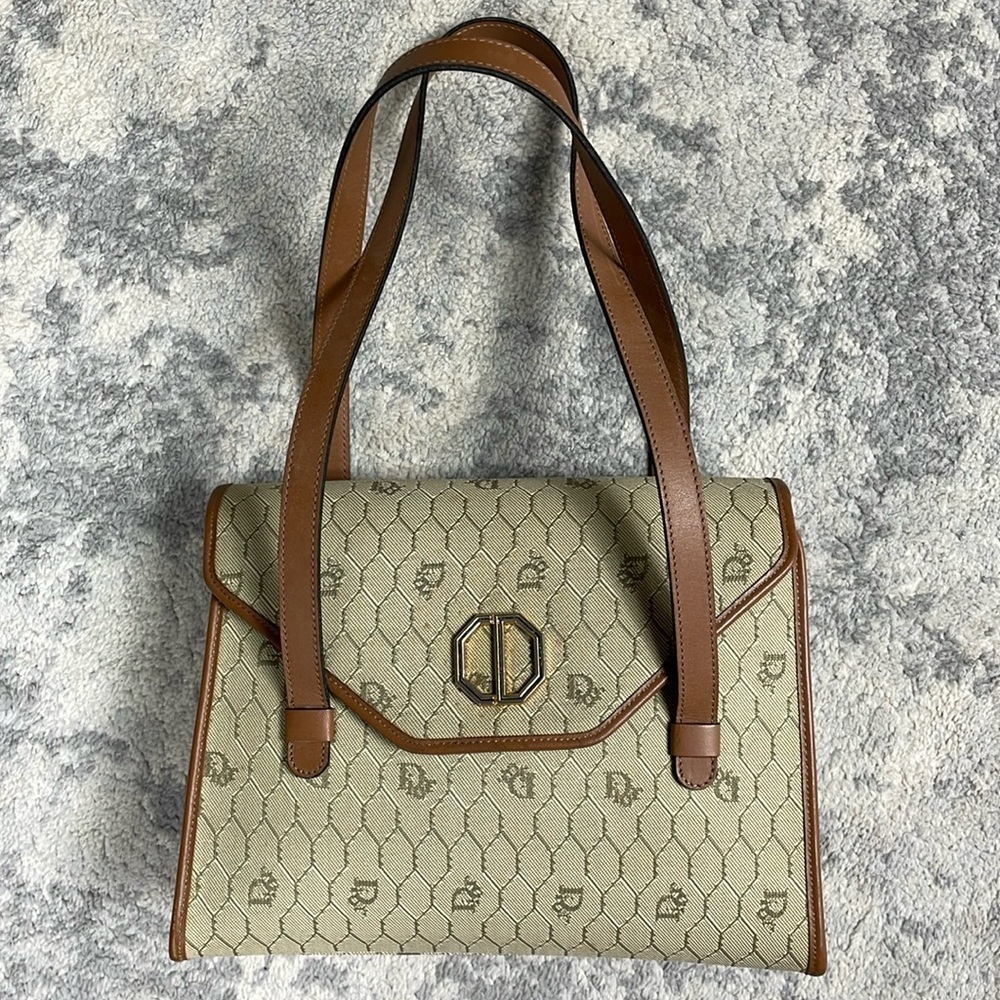 Vintage Christian Dior Honeycomb Flap Shoulder Bag Satchel Beige Designer